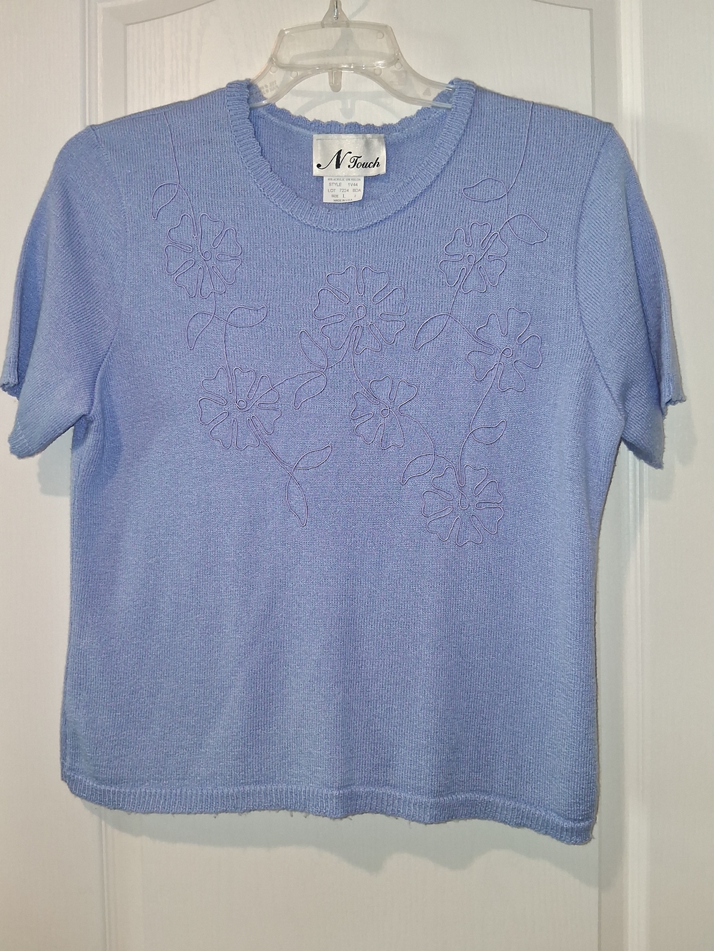 N Touch Lavender Short-Sleeve Knit Top with Floral Embroidery
